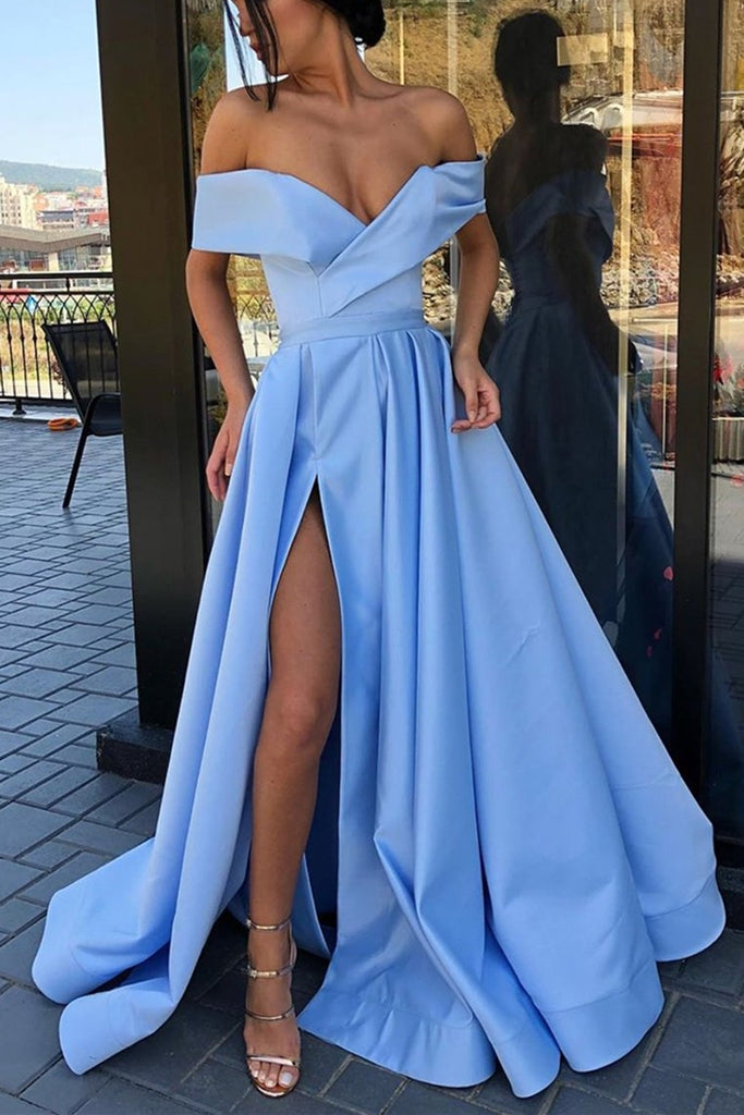 Stylish Off Shoulder Light Blue Long Prom Dress with High Slit, Off Shoulder Light Blue Formal Graduation Evening Dress