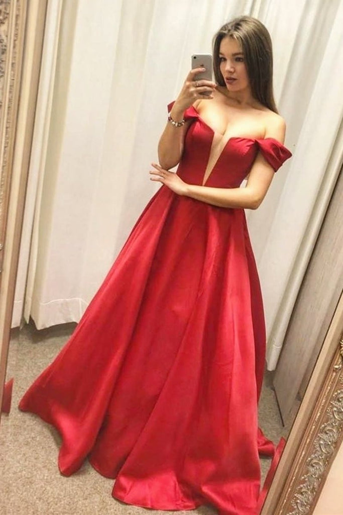 Stylish Off Shoulder V Neck Red Satin Long Prom Dress, Off Shoulder Red Formal Dress, Red Evening Dress