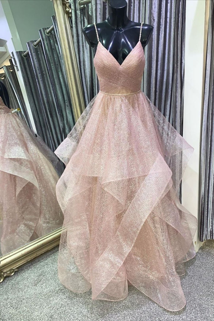 Stylish V Neck Backless Rose Gold Long Prom Dress, Backless Rose Gold abcprom Stylish V Neck Backless Rose Gold Long Prom Dress, Backless Rose Gold abcprom