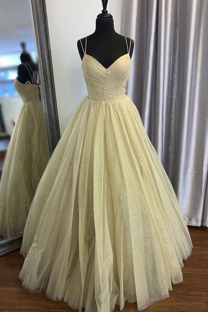 Stylish V Neck Open Back Dark Yellow Prom Dress 2020, Shiny V Neck Dark Yellow Formal Evening Dress, Sparkly Yellow Ball Gown