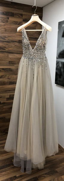 Stylish V Neck Open Back Sequins Gray Long Prom Dress with High Slit, V Neck Gray Formal Dress, Sparkly Gray Evening Dress