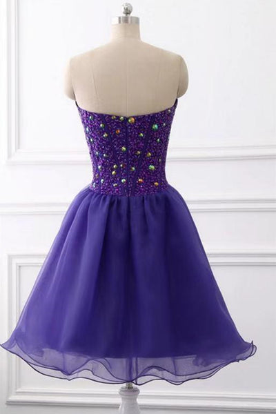 Sweetheart Neck Beaded Dark Purple Short Prom Dress, Strapless Dark Purple Homecoming Dress, Dark Purple Beaded Formal Evening Dress