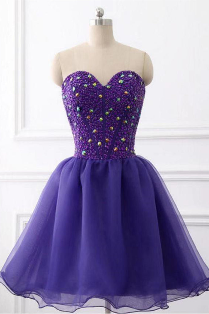 Sweetheart Neck Beaded Dark Purple Short Prom Dress, Strapless Dark Pu abcprom Sweetheart Neck Beaded Dark Purple Short Prom Dress, Strapless Dark Pu abcprom