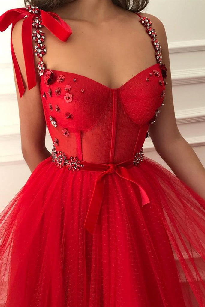 Sweetheart Neck Beaded Red Floral Long Prom Dress, Red Floral Long Formal Evening Dress