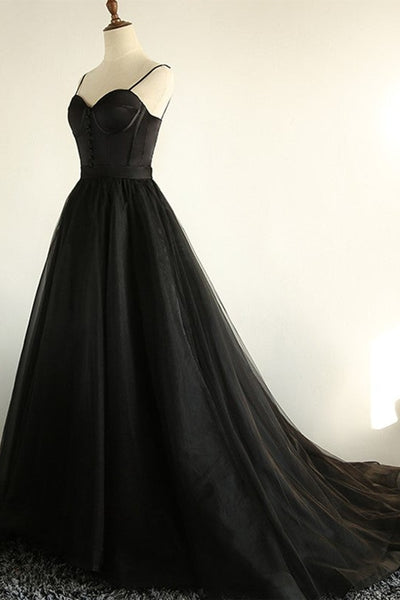 Sweetheart Neck Black Tulle Long Prom Dress, Thin Straps Black Formal Evening Dress, Black Ball Gown A1401