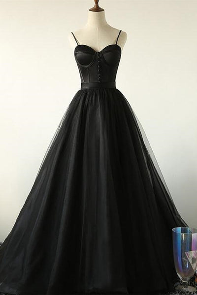 Sweetheart Neck Black Tulle Long Prom Dress, Thin Straps Black Formal Evening Dress, Black Ball Gown A1401
