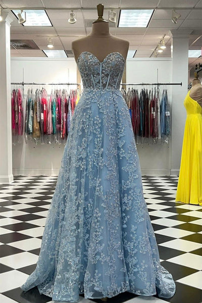 Sweetheart Neck Blue Lace Appliques Long Prom Dress with Long Sleeves, Blue Lace Floral Formal Graduation Evening Dress A1417