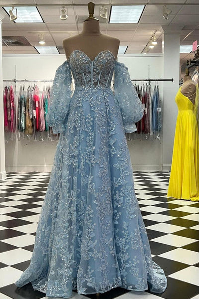 Sweetheart Neck Blue Lace Appliques Long Prom Dress with Long Sleeves, Blue Lace Floral Formal Graduation Evening Dress A1417