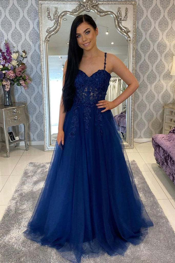 Sweetheart Neck Blue Lace Long Prom Dress, Blue Tulle Formal Dress, Bl –  abcprom