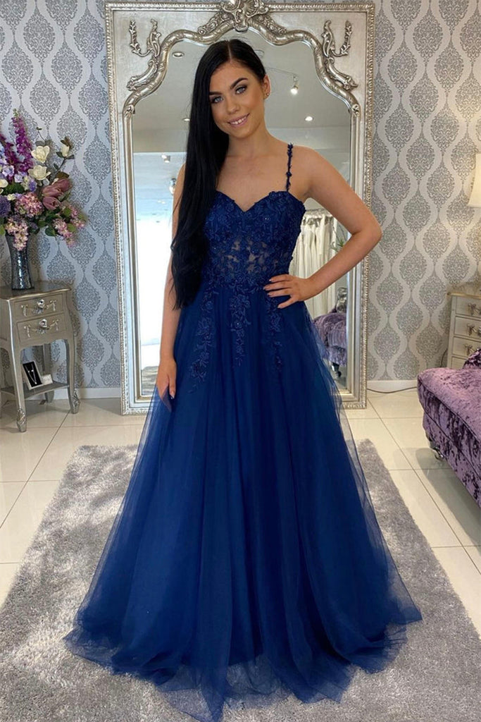 Sweetheart Neck Blue Lace Long Prom Dress, Blue Tulle Formal Dress, Blue Lace Evening Dress A1426