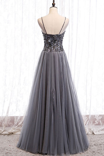 Sweetheart Neck Grey Sequins Tulle Long Prom Dress, Grey Sequins Formal Evening Dress