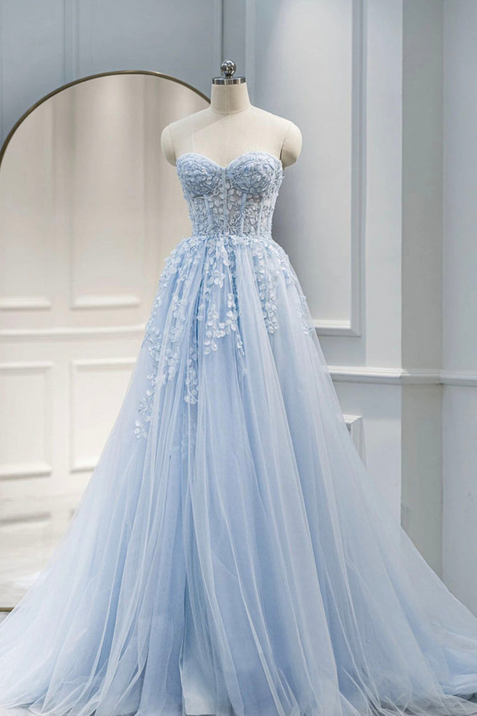Sweetheart Neck Light Blue Lace Tulle Long Prom Dress, Light Blue Lace Formal Graduation Evening Dress A1612
