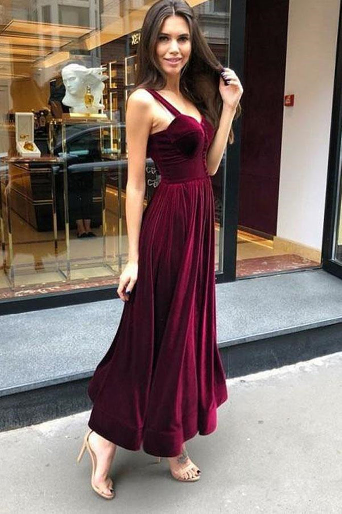Sweetheart Neck Maroon Velvet Ankle Length Prom Dress, Short Maroon Ho
