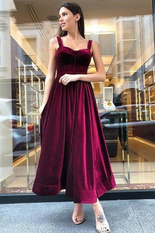 Sweetheart Neck Maroon Velvet Ankle Length Prom Dress, Short Maroon Homecoming Dress, Burgundy Formal Evening Dress