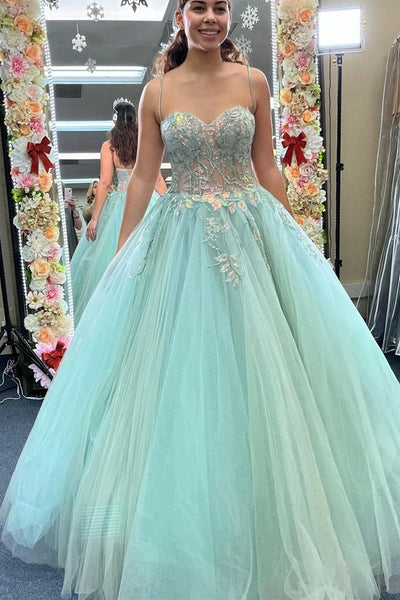 Sweetheart Neck Mint Green Lace Tulle Long Prom Dress, Mint Green Lace Formal Dress, Mint Green Evening Dress A1487