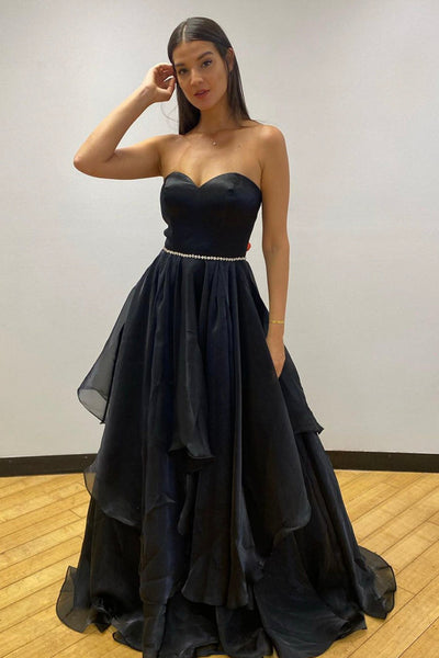 Sweetheart Neck Open Back Black Tulle Long Prom Dress with Belt, Strapless Black Formal Graduation Evening Dress A1448