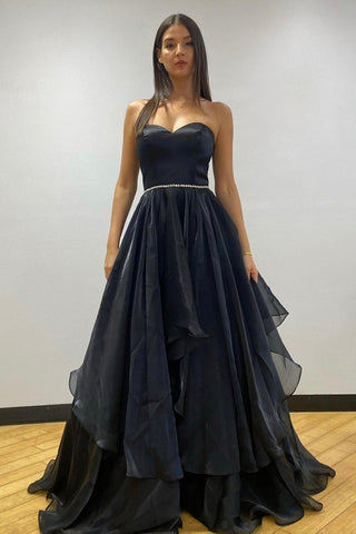 Sweetheart Neck Open Back Black Tulle Long Prom Dress with Belt, Strapless Black Formal Graduation Evening Dress A1448