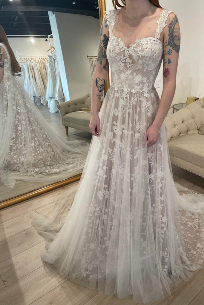 Sweetheart Neck Open Back Champagne Lace Long Prom Wedding Dress with abcprom Sweetheart Neck Open Back Champagne Lace Long Prom Wedding Dress with abcprom