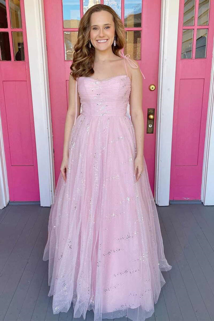 Pink sweetheart neck tulle long prom dress, pink tulle formal dress