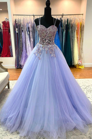 Sweetheart Neck Purple Tulle Long Prom Dress with Lace Appliques, Purple Lace Formal Graduation Evening Dress A1589