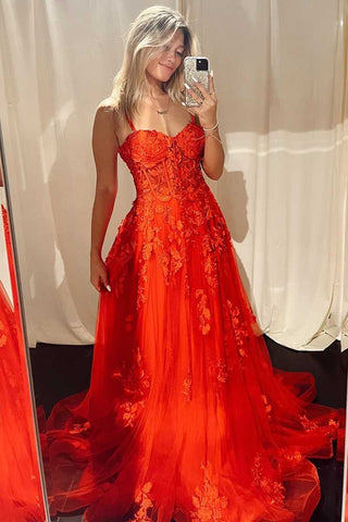 Sweetheart Neck Red Lace Long Prom Dress, Long Red Formal Evening Dress with Appliques A1827