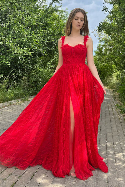 Sweetheart Neck Red Lace Long Prom Dresses with High Slit, Red Lace Formal Evening Dresses A1873