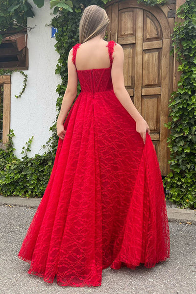 Sweetheart Neck Red Lace Long Prom Dresses with High Slit, Red Lace Formal Evening Dresses A1873