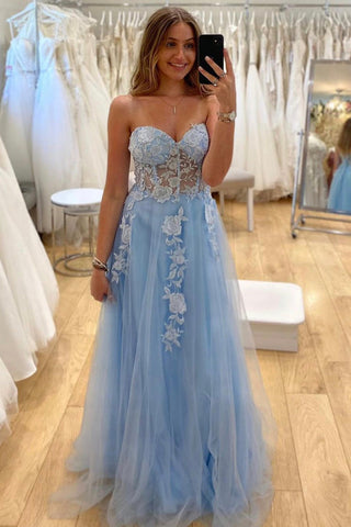 Sweetheart Neck Strapless Blue Lace Appliques Tulle Long Prom Dress, Blue Lace Formal Dress, Blue Tulle Evening Dress A1577
