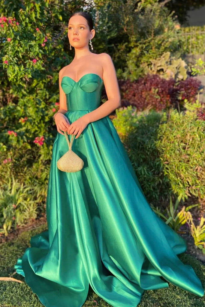 Sweetheart Neck Strapless Green Satin Long Prom Dress, Long Green Form abcprom Sweetheart Neck Strapless Green Satin Long Prom Dress, Long Green Form abcprom