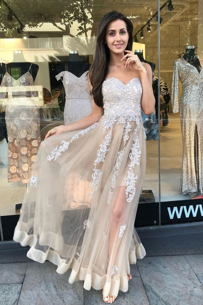 Sweetheart Neck Strapless Ivory Lace Appliques Champagne Prom Dress, C –  abcprom
