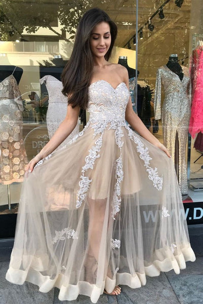 Sweetheart Neck Strapless Ivory Lace Appliques Champagne Prom Dress, Champagne Lace Formal Dress, Champagne Evening Dress