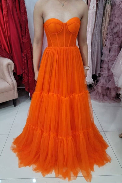 Sweetheart Neck Strapless Orange Tulle Long Prom Dress, Open Back Orange Formal Graduation Evening Dress A1477