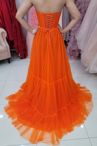 Sweetheart Neck Strapless Orange Tulle Long Prom Dress, Open Back Orange Formal Graduation Evening Dress A1477