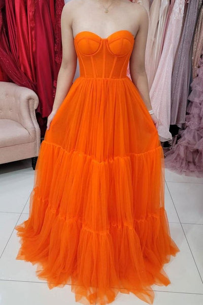 Sweetheart Neck Strapless Orange Tulle Long Prom Dress, Open Back Orange Formal Graduation Evening Dress A1477