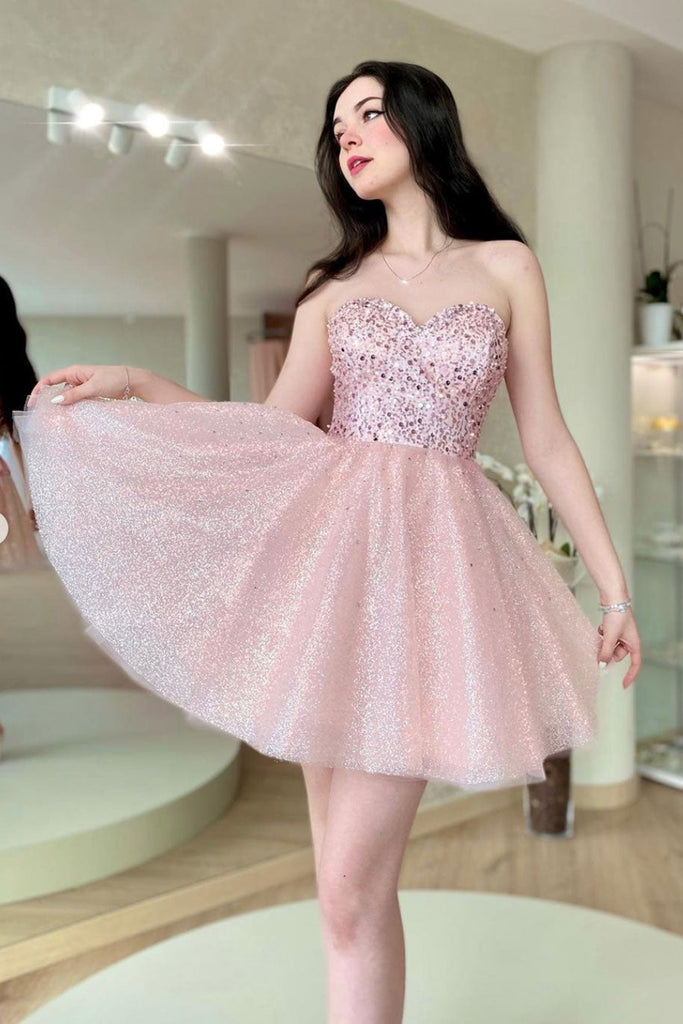 Sweetheart Neck Strapless Pink Sequins Short Prom Dress, Pink Tulle Homecoming Dress, Pink Formal Evening Dress A1674
