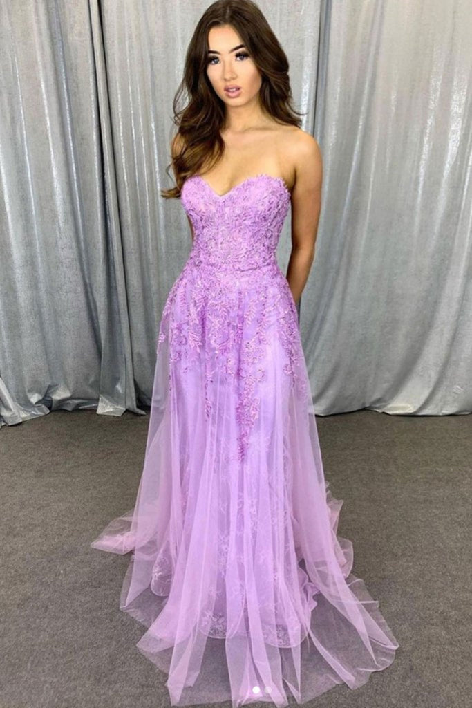 Sweetheart Neck Strapless Purple Lace Long Prom Dress, Long Purple Lace Formal Graduation Evening Dress