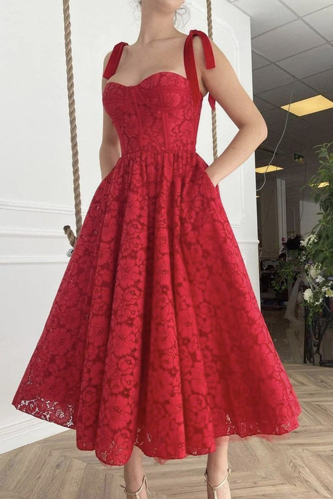 Sweetheart Neck Tea Length Red Lace Prom Dress, Red Lace Homecoming Dr abcprom Sweetheart Neck Tea Length Red Lace Prom Dress, Red Lace Homecoming Dr abcprom