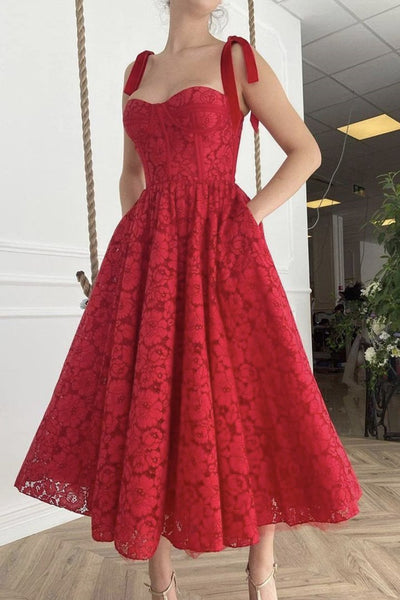 Sweetheart Neck Tea Length Red Lace Prom Dress, Red Lace Homecoming Dress, Red Formal Evening Dress