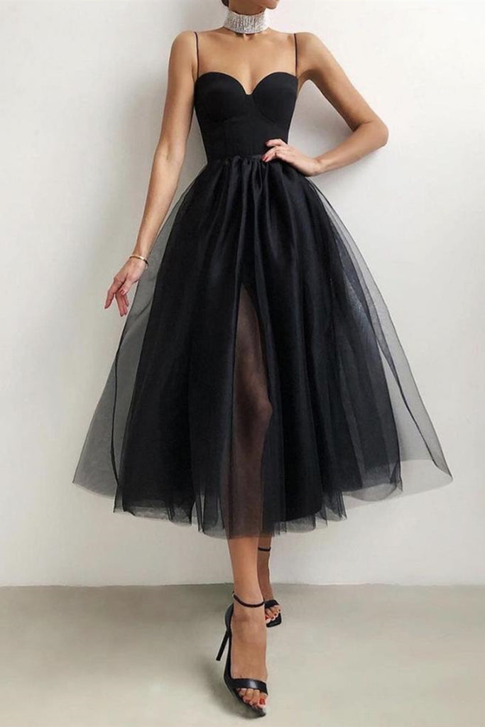 Sweetheart Neck Thin Straps Black/White Tea Length Prom Dress, Black/W abcprom Sweetheart Neck Thin Straps Black/White Tea Length Prom Dress, Black/W abcprom