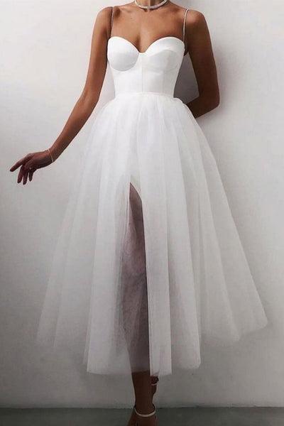 Sweetheart Neck Thin Straps Black/White Tea Length Prom Dress, Black/White Formal Evening Homecoming Dress with Slit