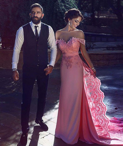 Sweetheart Neck Off Shoulder Pink Lace Prom Dresses, Pink Lace Bridesmaid Dresses