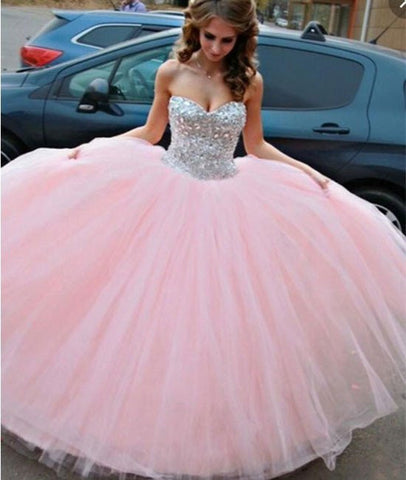 Sweetheart Neck Rhinestone Long Pink Prom Gown, Evening Dresses, Rhinestone Pink Wedding Dresses