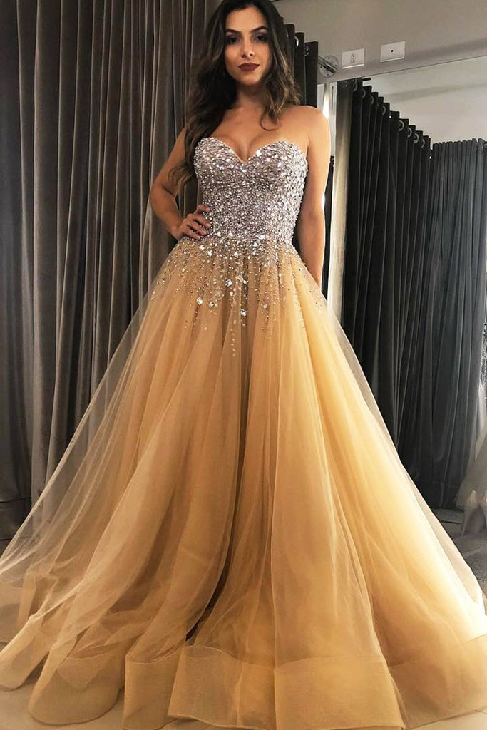 Sweetheart Neck Sequins Beaded Champagne Long Prom Dress, Sequins Cham abcprom Sweetheart Neck Sequins Beaded Champagne Long Prom Dress, Sequins Cham abcprom