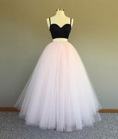 Sweetheart Neck Spaghetti Straps 2 Pieces Black Top Light Pink Long Prom Dress, Light Pink Formal Dress, Evening Dress