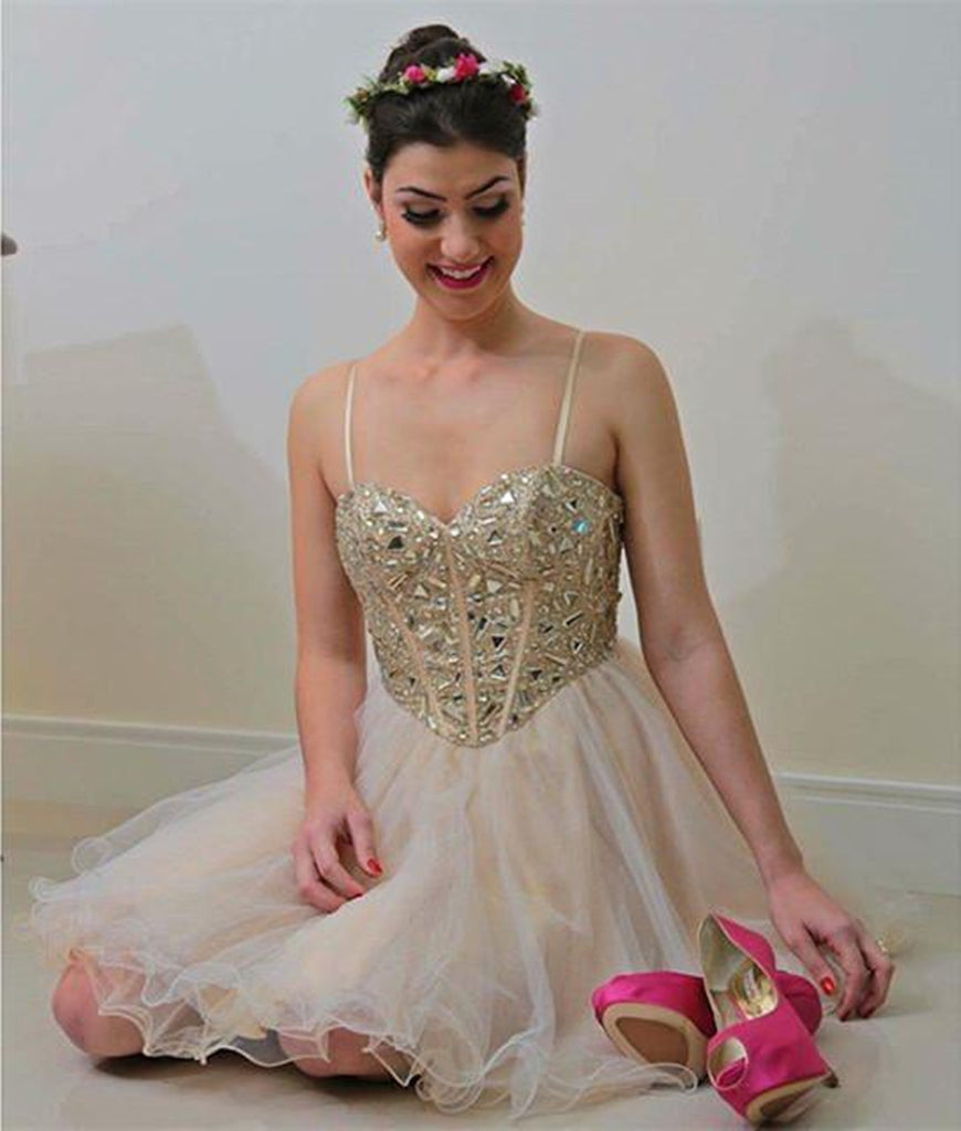 Sweetheart Neck Spaghetti Straps Tulle Champagne Homecoming Dresses, C abcprom Sweetheart Neck Spaghetti Straps Tulle Champagne Homecoming Dresses, C abcprom