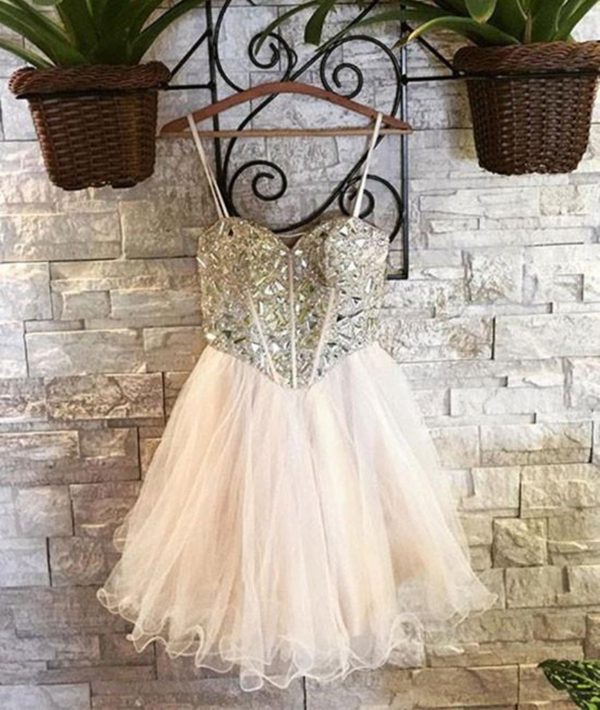 Sweetheart Neck Spaghetti Straps Tulle Champagne Homecoming Dresses, C abcprom Sweetheart Neck Spaghetti Straps Tulle Champagne Homecoming Dresses, C abcprom