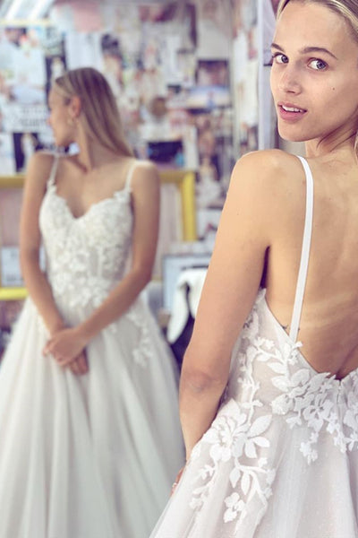 Thin Straps Backless White Lace Long Prom Wedding Dress, White Lace Formal Dress, White Evening Dress