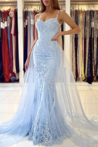 Thin Straps Mermaid Open Back Light Blue Lace Long Prom Dress, Mermaid Light Blue Formal Dress, Light Blue Lace Evening Dress