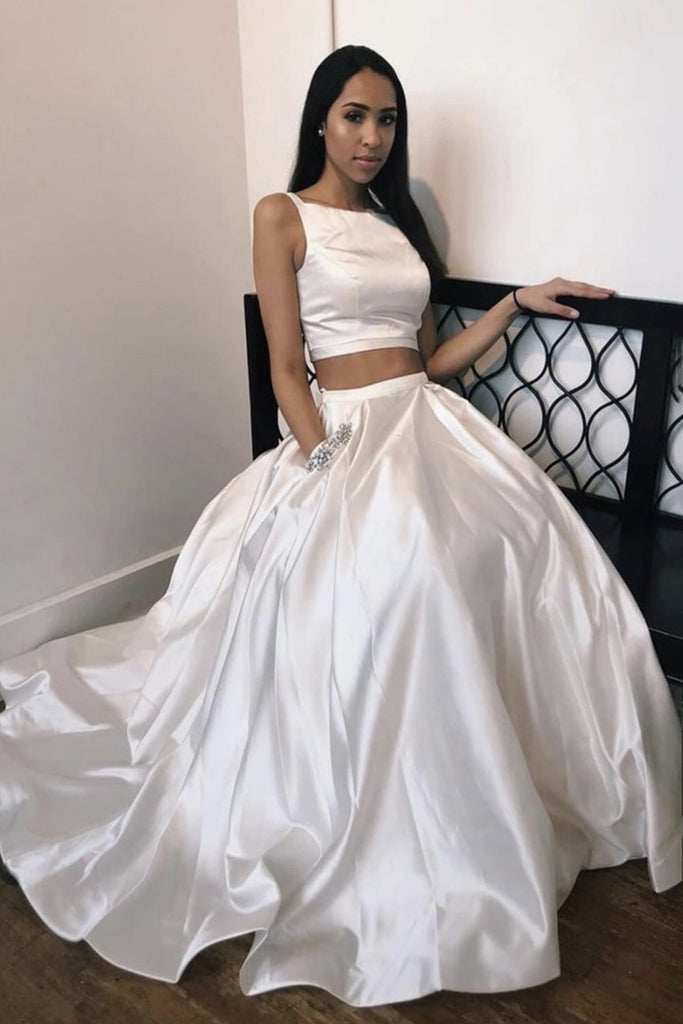 Two Pieces Ivory Satin Long Prom Dress with Pocket, 2 Pieces Ivory For abcprom Two Pieces Ivory Satin Long Prom Dress with Pocket, 2 Pieces Ivory For abcprom