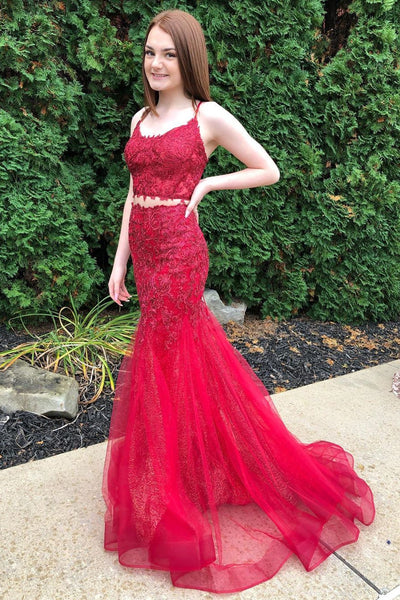 Two Pieces Mermaid Burgundy Lace Long Prom Dress, 2 Pieces Burgundy Formal Dress, Burgundy Lace Evening Dress